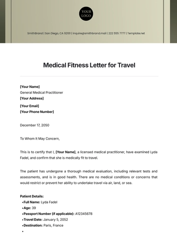Free Medical Fitness Letter for Travel Template to Edit Online
