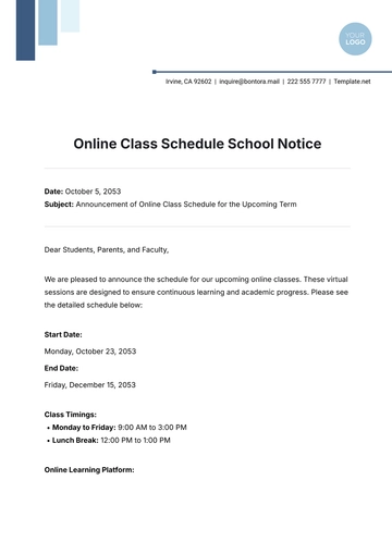 Free Online Class Schedule School Notice Template to Edit Online