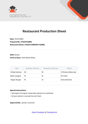 Free Restaurant Production Sheet Template to Edit Online