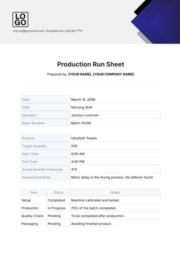 Free Production Run Sheet Template to Edit Online