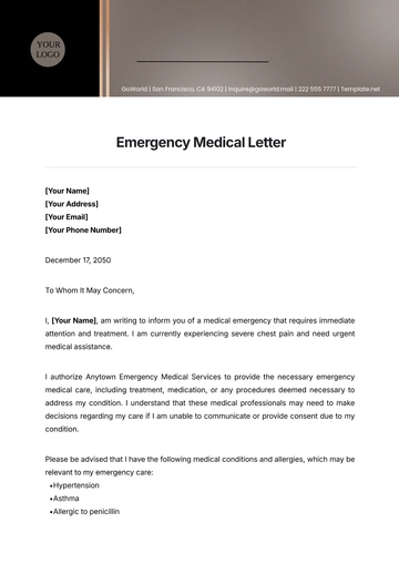 Free Emergency Medical Letter Template to Edit Online