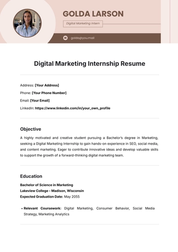 Free Digital Marketing Internship Resume Template to Edit Online