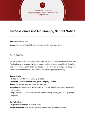 Free Professional First Aid Training School Notice Template to Edit Online