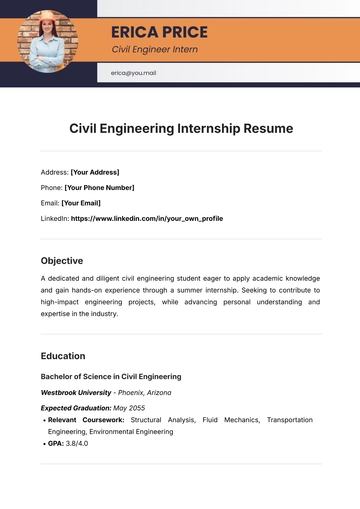 Free Civil Engineering Internship Resume Template to Edit Online
