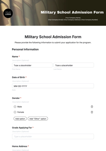 Free Military School Admission Form Template to Edit Online