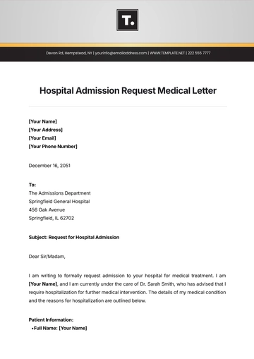 Free Hospital Admission Request Medical Letter Template to Edit Online
