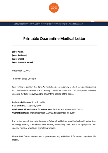 Free Printable Quarantine Medical Letter Template to Edit Online