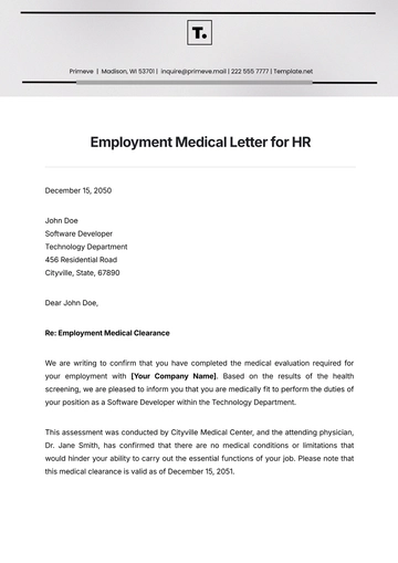 Free Employment Medical Letter for HR Template to Edit Online