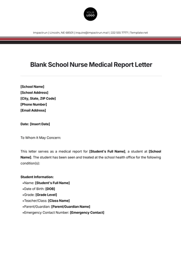 Free Blank School Nurse Medical Report Letter Template to Edit Online