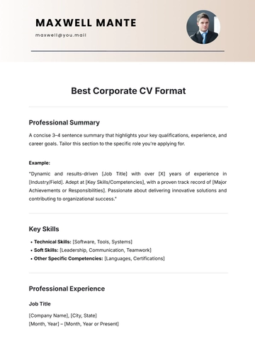 Free Best Corporate CV Format Template to Edit Online