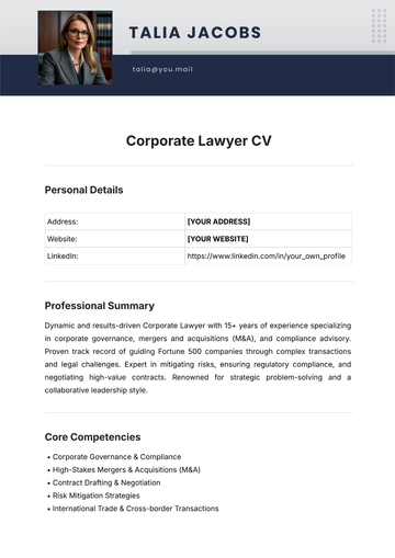 Free Corporate Lawyer CV Template to Edit Online