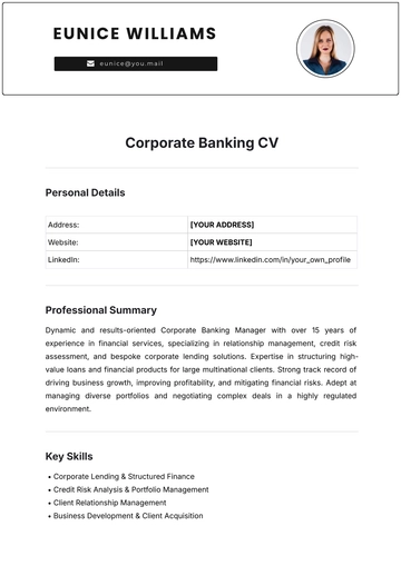 Free Corporate Banking CV Template to Edit Online