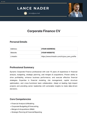 Free Corporate Finance CV Template to Edit Online