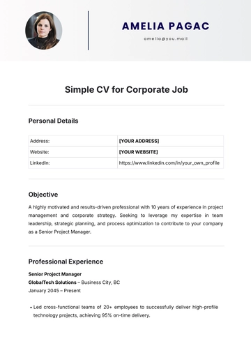 Free Simple CV Template for Corporate Job to Edit Online