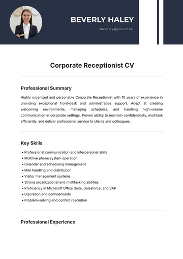 Free Corporate Receptionist CV Template to Edit Online