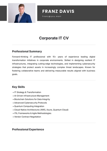Free Corporate IT CV Template to Edit Online