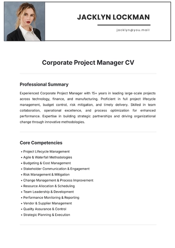 Free Corporate Project Manager CV Template to Edit Online