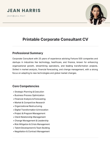 Free Printable Corporate Consultant CV Template to Edit Online