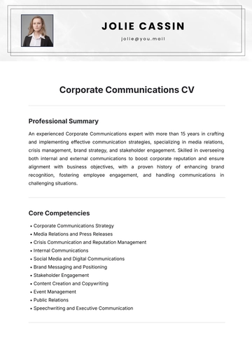 Free Corporate Communications CV Template to Edit Online