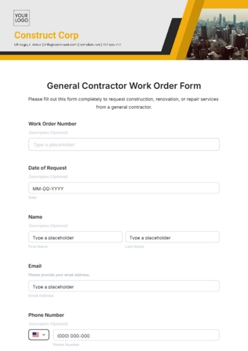 Free General Contractor Work Order Form Template to Edit Online