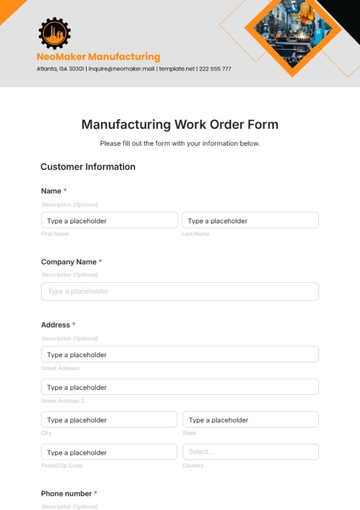 Free Manufacturing Work Order Form Template to Edit Online