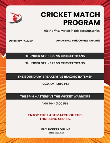 Free Cricket Match Program Template to Edit Online