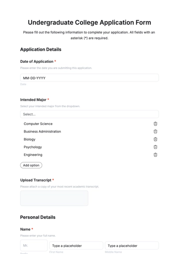 Free Undergraduate College Application Template to Edit Online