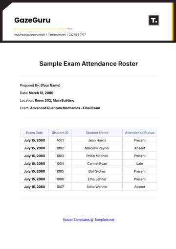 Free Sample Exam Attendance Roster Template to Edit Online