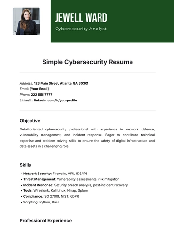 Free Simple Cybersecurity Resume Template to Edit Online