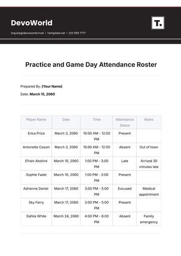 Free Practice and Game Day Attendance Roster Template to Edit Online
