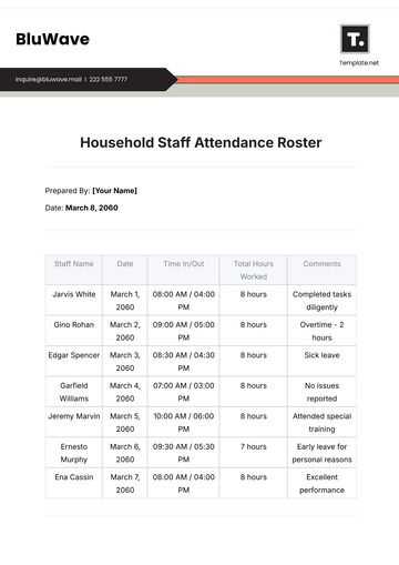 Free Household Staff Attendance Roster Template to Edit Online