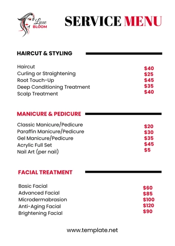Free Beauty Parlor Service Menu Template to Edit Online