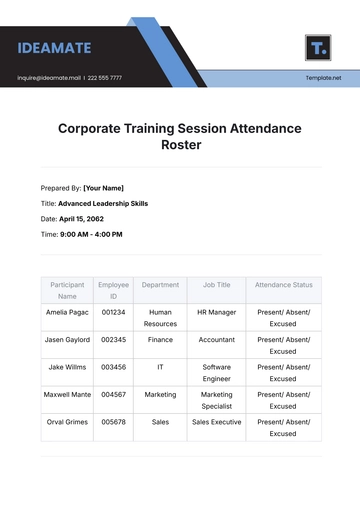 Free Corporate Training Session Attendance  Roster Template to Edit Online