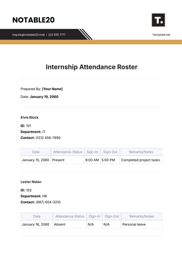 Free Internship Attendance Roster Template to Edit Online