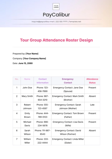 Free Tour Group Attendance Roster Design Template to Edit Online