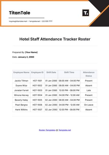 Free Hotel Staff Attendance Tracker Roster Template to Edit Online
