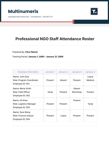 Free Professional NGO Staff Attendance Roster Template to Edit Online