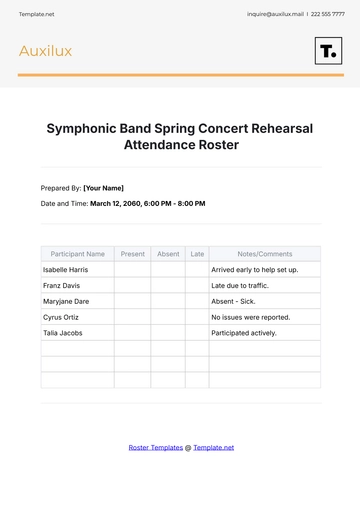 Free Rehearsal Attendance Roster Template to Edit Online