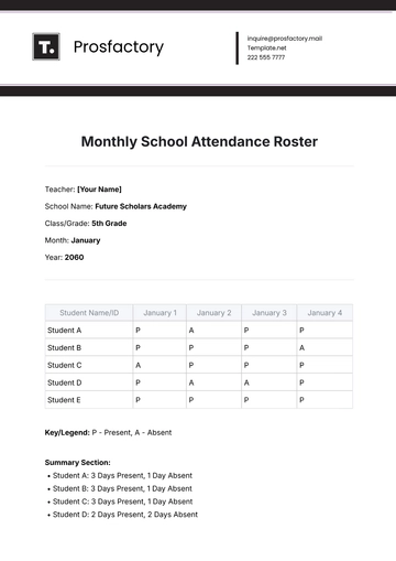 Free Monthly School Attendance Roster Template to Edit Online