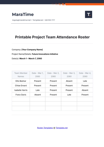 Free Printable Project Team Attendance Roster Template to Edit Online
