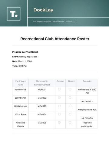 Free Recreational Club Attendance Roster Template to Edit Online