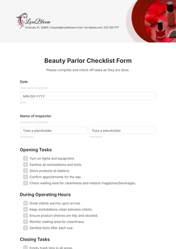 Free Beauty Parlor Checklist Form Template to Edit Online