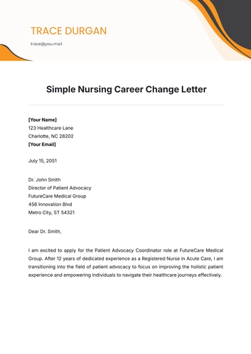 Free Simple Nursing Career Change Letter Template to Edit Online