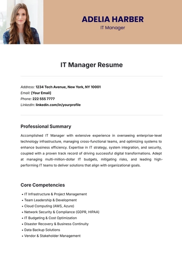 Free IT Manager Resume Template to Edit Online