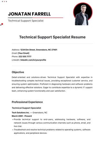 Free Technical Support Specialist Resume Template to Edit Online