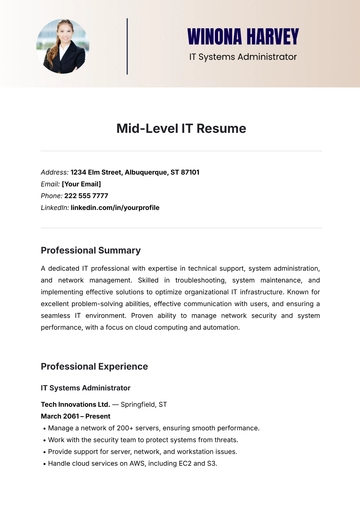 Free Mid-Level IT Resume Template to Edit Online