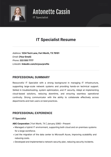 Free IT Specialist Resume Template to Edit Online