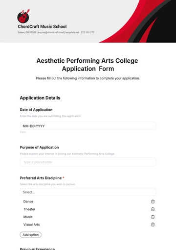 Free Aesthetic Performing Arts College Application Template to Edit Online