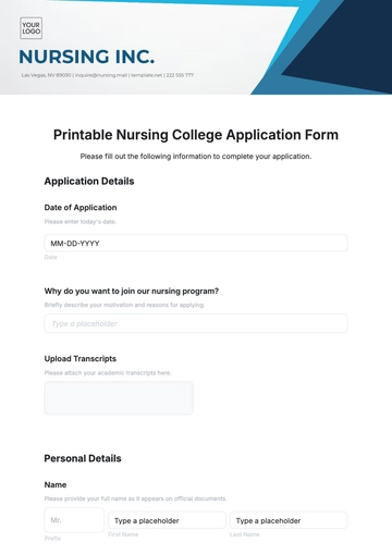 Free Printable Nursing College Application Template to Edit Online