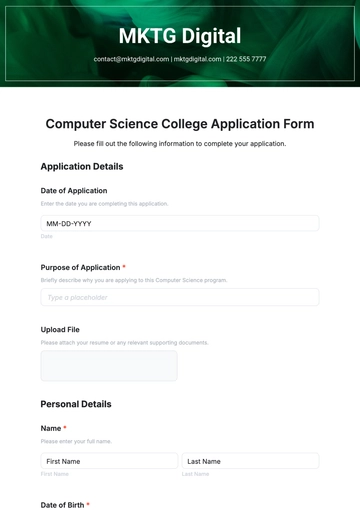 Free Computer Science College Application Template to Edit Online